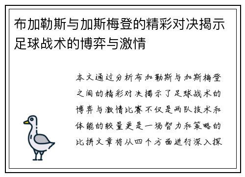 布加勒斯与加斯梅登的精彩对决揭示足球战术的博弈与激情